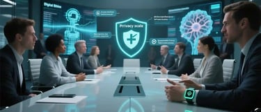 A group of business professionals are seated around a sleek, futuristic conference table in a room with large display screens