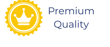 Yellow gold premium quality seal with a crown icon and elegant blue typography.