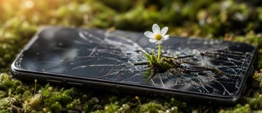 Small white flower growing through a cracked smartphone screen on a bed of green moss.