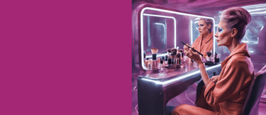 fururistic woman sitting in front of a vanity and mirror applying makeup in a high tech environment