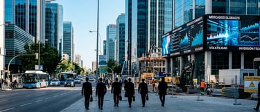 Entorno económico con mercados, tecnología, industria y decisiones empresariales globales