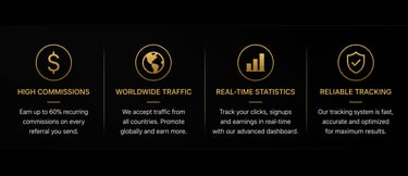 Four gold-colored icons represent affiliate marketing benefits: high commissions, worldwide traffic, real-time statistics