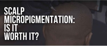 A close-up of a scalp micropigmentation procedure being performed on a man's head for hair loss treatment.