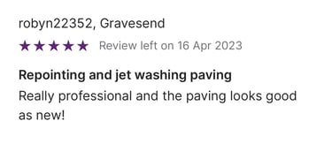 Five-star customer review for professional repointing and jet washing paving services in Gravesend.