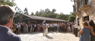 a wedding ceremony in a stone building