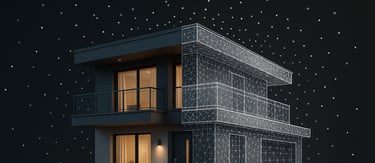 Vue en split d’une maison moderne : photo réelle et wireframe 3D blanc.
