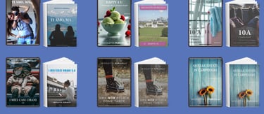 Copertine dei 6 romanzi di Nicoletta, divise per libro con la versione digitale e quella cartacea