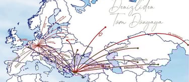 Ersag distribution map showing export routes from Denizli, Turkey to various countries across Europe, Asia, and Mongolia, wit