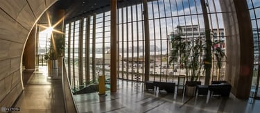 Daylight floods the  foyer of MÜPA Budapest, revealing warm textures and elegant geometric forms.