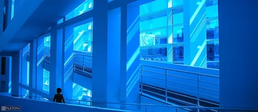 Interior view of MACBA’s atrium where soft daylight filters through the glazed façade, coloring white walls blue.
