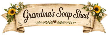 Vintage banner for Grandma's Soap Shed featuring yellow sunflowers and rustic calligraphy.