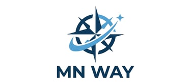 The Minnesota Way logo, an eight point blue and white northern star and compass light blue swoosh