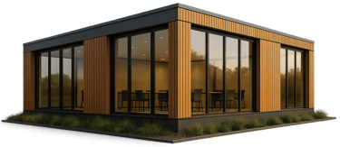 a small house with a wooden structure and glass windows
