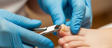 a foot health practitioner wearing gloves is cutting toenails using nippers