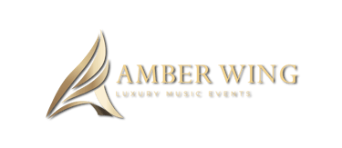 Elegant gold Amber Wing logo for luxury music events on a black background.