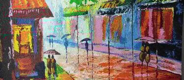Romantic handmade painting of a couple walking with umbrellas under glowing street lights-Export-standard"