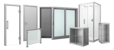 a group of different types of sliding windows, doors, aluminum cabinets and a railing