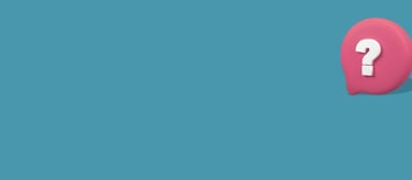 A 3D pink speech bubble icon with a white question mark on a blue banner background.
