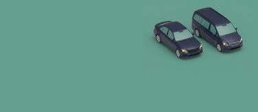 Isometric 3D illustration of a blue sedan and minivan on a teal background. The fleet.