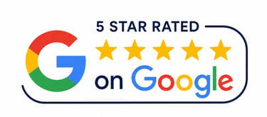 Official 5 star rated on Google badge featuring the Google logo and five gold stars for business reviews.