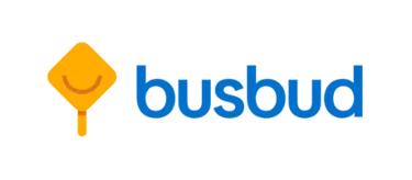 Busbud logo with a blue wordmark and yellow bus stop sign icon on a black background.