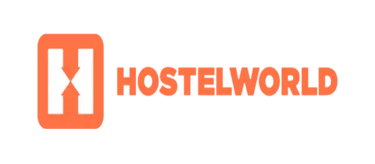 Hostelworld logo with orange letter H icon and text on a black background for travel booking.
