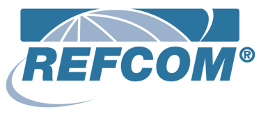 REFCOM logo featuring bold blue text and a stylized globe graphic for F-gas certification.