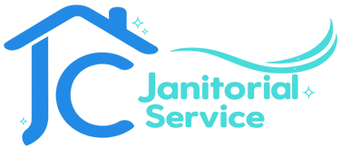 JC Janitorial Service logo featuring a blue house icon and sparkling clean elements.