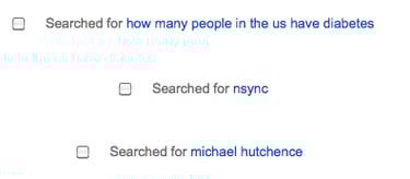 Searches including "how many people in the us have diabetes," "nsync," and "michael hutchence"