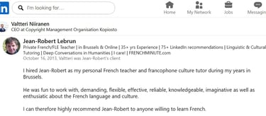 LinkedIn recommendation for Jean-Robert Lebrun, a professional French teacher in Brussels & Online