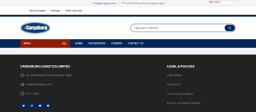Website footer for Cargoburg Logistics Limited featuring contact info, legal policies, and search bar