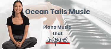 Banner for Ocean Tails Music with Jen Smith Lanthier showing piano keys and a hand