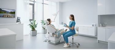 Una dentista con alineadores transparentes explicando el tratamiento a una paciente en el sillón