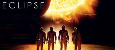 a group of people standing in front of the sun in the image of the VR escape room game Eclipse