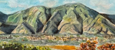 a painting of a mountain scene with a plane flying over a mountain
