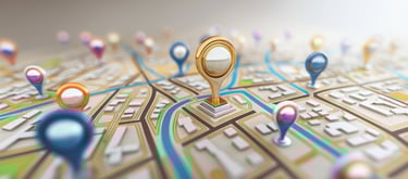 a map of a city with pins and pins on it, with a big main pin in the middle