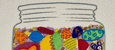 Painting of a jar of stones, sand and pebbles, painted with colourful patterns. by Emily Fewtrell