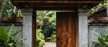 The serene entrance of the Veppam Aura Core centre in South Asian style, featuring a stone path, lush tropical greenery, and a subtle lotus symbol carved into a wooden gate.