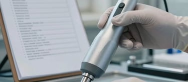 Close-up of gloved hands operating a specialized cleaning instrument on an industrial surface, equipment positioned at precise angle, protocol sheet mounted on nearby clipboard in background, cool even daylight from side window, clinical and controlled atmosphere