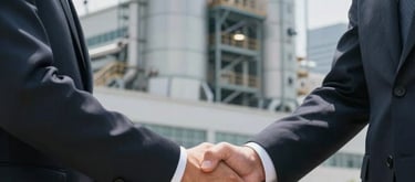 A professional handshake between two individuals in business-casual attire standing in front of a modern industrial facility in a bright North American city environment, signifying partnership.