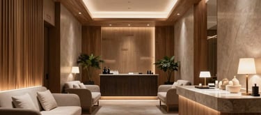 A photography shot of a wide, elegant spa lobby with modern wood accents, soft indirect lighting, and minimalist luxury decor. Global / International Luxury.