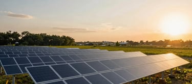 A wide-angle landscape shot of a community-led green energy project in a beautiful rural setting, International / Diverse Communities, sunset lighting casting a golden glow, professional photography.