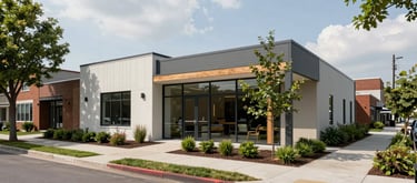 Exterior shot of a modern, accessible community center in a North American / US urban neighborhood. The building has clean architectural lines and is surrounded by a well-maintained sidewalk and greenery.
