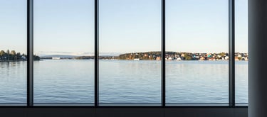 A high-quality photo of a modern office window overlooking a calm Northern European landscape, suggesting clarity and perspective.