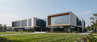 An exterior architectural photograph of a sleek, modern healthcare building in a North American setting. The design is contemporary with large glass panels and wood accents, surrounded by manicured green lawns and professional landscaping under a clear sky.
