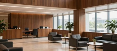 A wide-angle, dignified shot of a light-filled professional office lobby with warm wood accents and charcoal furniture, conveying a sense of calm professionalism.