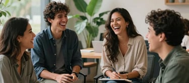 A candid team photo of modern South American / Brazilian coworkers laughing together in a bright, sustainable collaborative office space. Green plants, minimalist architecture, highly optimistic and professional energy.