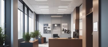 a large room with a table and chairs and a plant