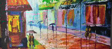 Romantic handmade painting of a couple walking with umbrellas under glowing street lights-Export-standard"