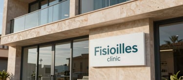 The exterior of the Fisioilles clinic in Palmanova, Mallorca, featuring modern Mediterranean architecture, large glass windows, and a clean professional sign, with soft coastal light.